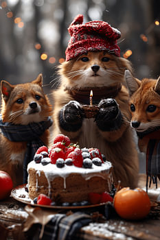 Un renard fête son anniversaire dans une forêt d'hiver