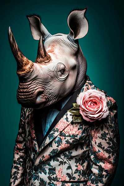 Rhino in a suit with floral decoration by Poster Art Shop