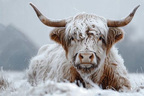 Wintervoogd: Schotse Hooglanders in de sneeuw - een kunstwerk voor liefhebbers van winterse natuur