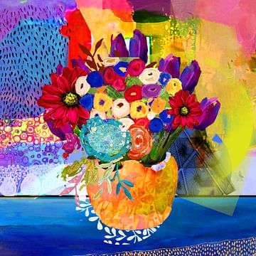 Vaas met vrolijke gekleurde bloemen schilderij vrolijke kleuren van Nicole Habets