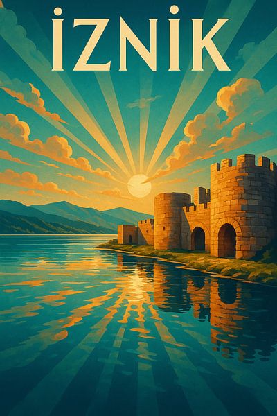 İznik Art Deco Poster - Elégance du coucher de soleil au bord du lac par Travel Shop