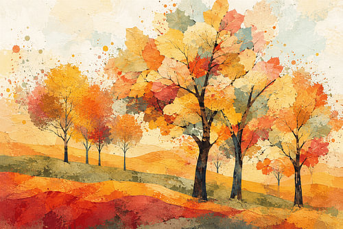 Autumn Landscape in Mixed Media with a Collage Style