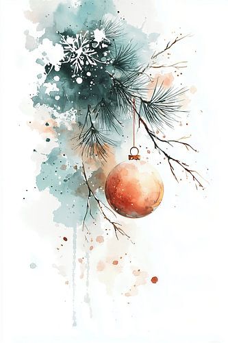 Pine branch with Christmas ball in Watercolor no. 4