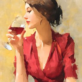 Femme en rouge avec un verre de vin sur IamHome Studio