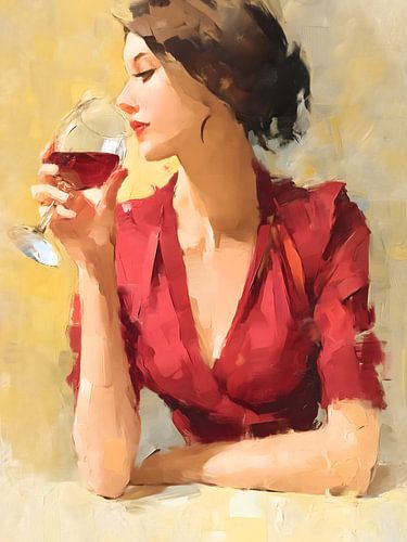 Femme en rouge avec un verre de vin
