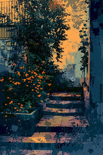 Serene tuin bij zonsondergang, digitale kunst van Art & Soul Creations