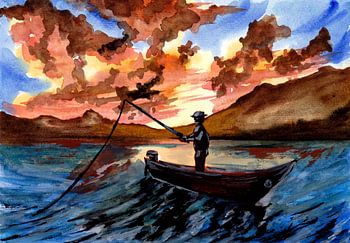 Vissen bij zonsondergang