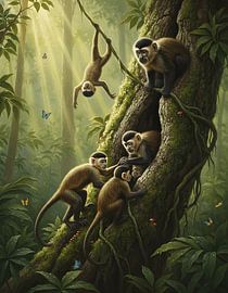 Waldaffen, die auf einem alten Baum spielen von Regan Frederick