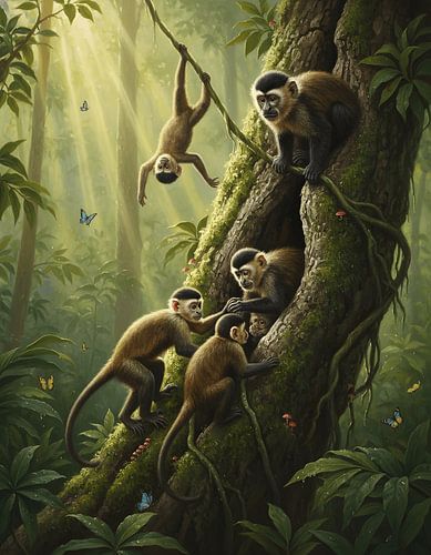 Waldaffen, die auf einem alten Baum spielen