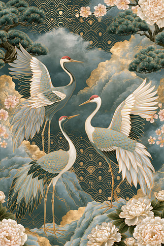 Drie Japanse kraanvogels tussen wolken en bloemen