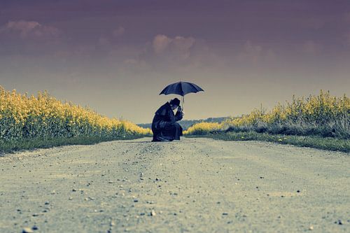 zittend op het koolzaad pad