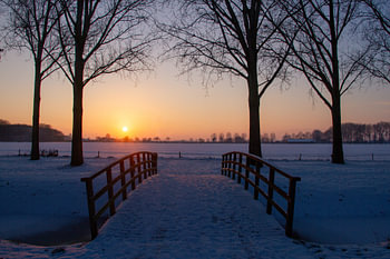A stunning view of a snow-covered meadow at sunset