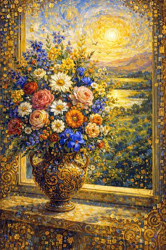 Bloemen in een vaas met uitzicht schilderij.