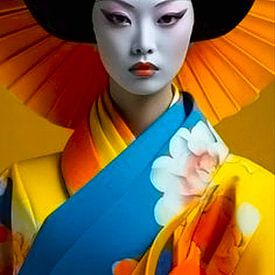 Portret van een Geisha in een gele kimono. van Ineke de Rijk