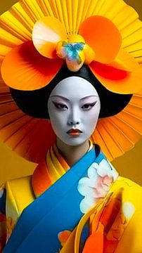 Porträt einer Geisha in einem gelben Kimono.