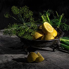 Still life with lemons, fennel and leeks by Tessa Poll