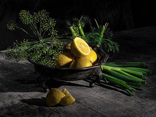 Still life with lemons, fennel and leeks by Tessa Poll