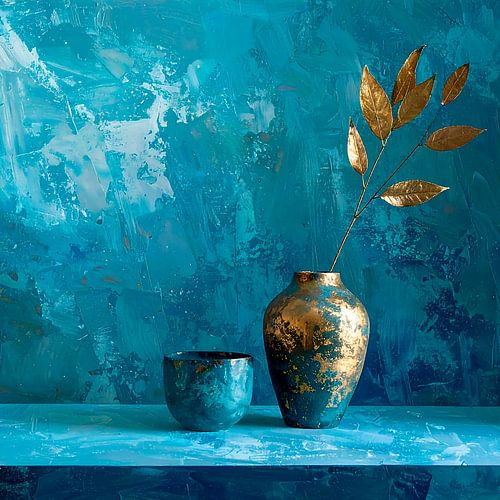 Japandi Art. Modern stilleven in blauw met goud