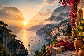 La côte amalfitaine au coucher du soleil | Paysage côtier méditerranéen avec des citronniers & t des bougainvilliers | Affiche au format paysage sur ButterflyPix