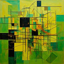 Abstraktes geometrisches Linienspiel in Grün und Gelb von STUDIO ARTSY