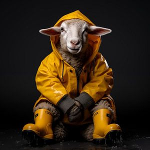 Mouton avec bottes en caoutchouc et imperméable