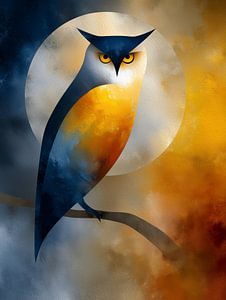 Indigo Eule mit goldenen Augen Silhouette Grafik Wandkunst