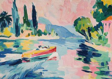 Bateau à moteur rouge sur eau calme