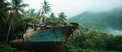 Dilapidated ship in the countryside