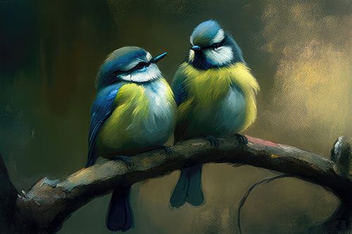 Couple d'oiseaux - Mésange bleue en train de faire l'amour