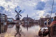 Zicht over het Spaarne van molen de Adriaan en de Grote Kerk  (Haarlem, Holland) van ErikJan Braakman thumbnail