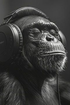 Black and white portrait of a monkey with headphones by Felix Brönnimann