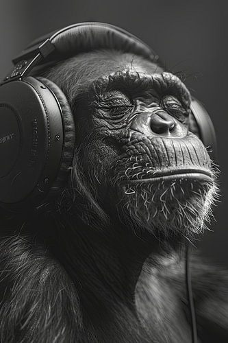 Black and white portrait of a monkey with headphones
