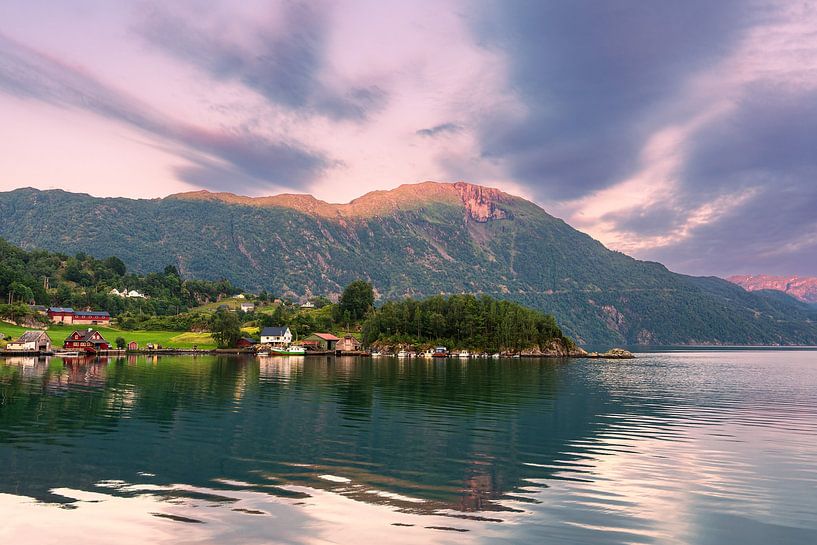 View over the Åkrafjord in the evening in Norway by Rico Ködder