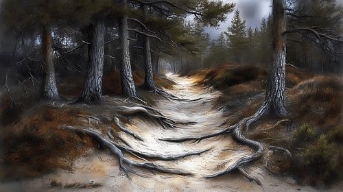 dirt track in pine forest with low heath vegetation. by Harry Stok