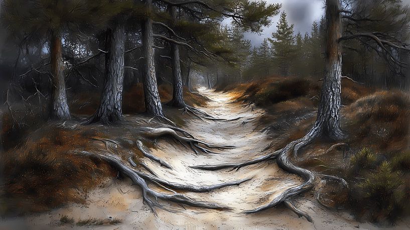 chemin de terre dans une forêt de pins avec une végétation de bruyère basse. par Harry Stok