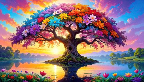 Levensboom - levensboom met verreikende takken en diepgewortelde kracht, symboliseert tijd en de stille balans tussen wortel, stam en kruin