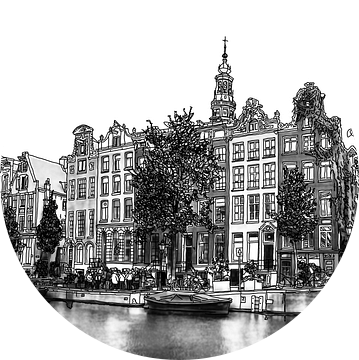 Aquarel Pentekening Zuiderkerk Amsterdam Kloveniersburgwal Tekening Lijntekening Panorama van Hendrik-Jan Kornelis