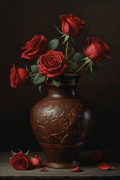 Vase brun avec roses rouges sur De Muurdecoratie