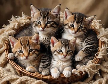Vier kittens in een rieten mand van Eye on You