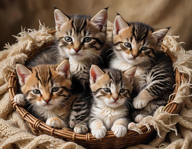 Four kittens in a wicker basket by Eye on You