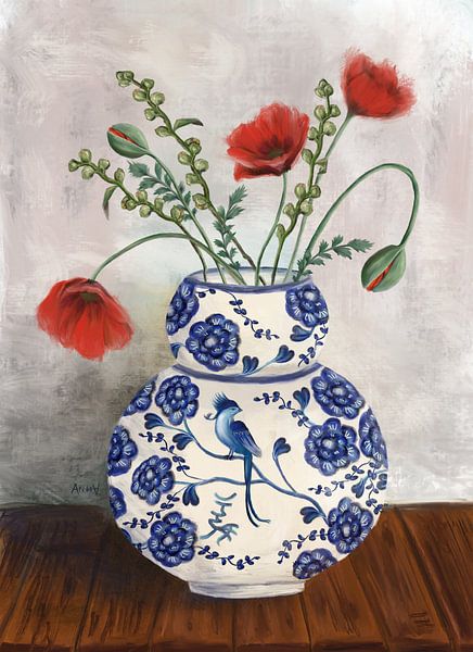 Bouquet de coquelicots et de roses trémières dans un vase Phoenix par Anna van Balen