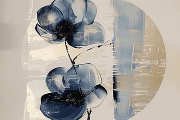 Blauwe bloemen, modern en abstract minimalisme in wabi-sabi stijl van Japandi Art Studio