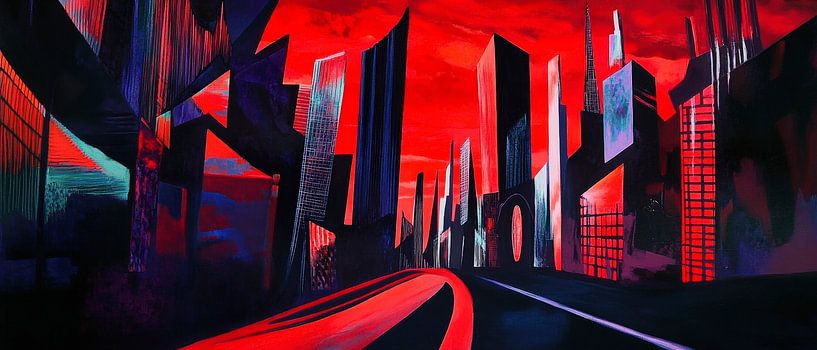 Städtische Dämmerung – Rote Skyline von Poster Art Shop