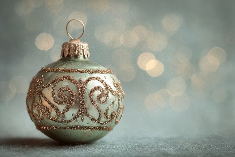 Christmas Ball Vintage Green with Gold Glitter on Icy Background by Eva Lee