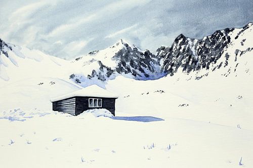 Secluded winter cabin surrounded by snow and mountains (watercolor painting landscape skiing Austria