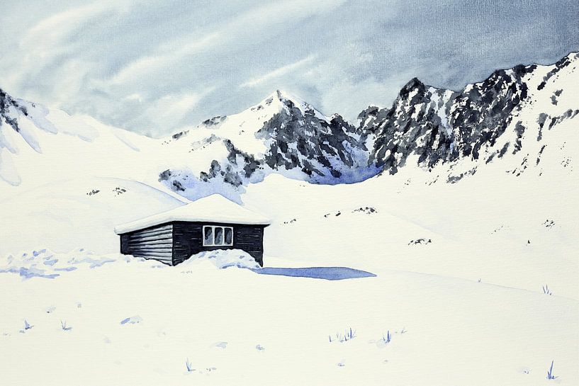 Afgelegen winter cabine omringt door sneeuw en bergen van Natalie Bruns