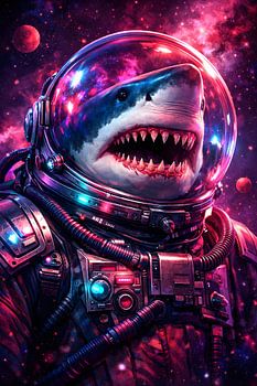 Portrait de science-fiction représentant un astronaute-requin en combinaison spatiale