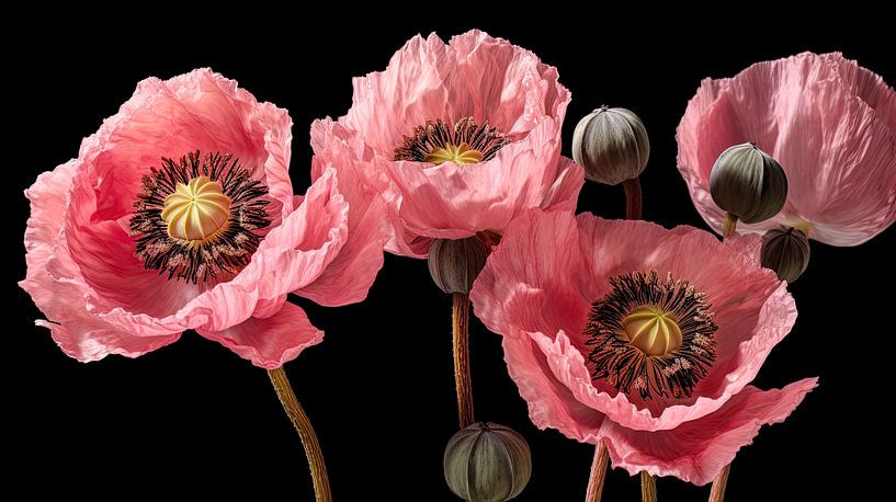 Rosa Mohnblumen vor schwarzem Hintergrund von Vlindertuin-Art