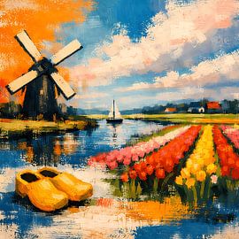Een Nederlandse idylle met een windmolen en tulpenvelden van ButterflyPix