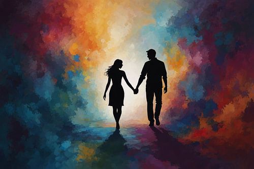 Man en vrouw kleurrijk schilderij